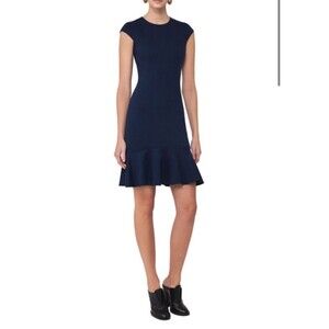 $1190 Akris Punto Navy Blue Cap Sleeve, Knit Ruffle Hem Mini Dress. Small